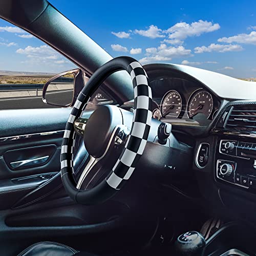 Lattice Leather Steering Wheel Cover, Black and White Checker Car Accessories, Non-Slip and Comfortable Unisex Universal Steering Wheel Cover 15 inch for Women Men (Black and White Checker)