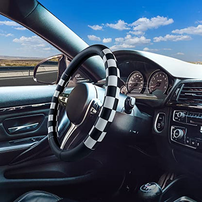 Lattice Leather Steering Wheel Cover, Black and White Checker Car Accessories, Non-Slip and Comfortable Unisex Universal Steering Wheel Cover 15 inch for Women Men (Black and White Checker)