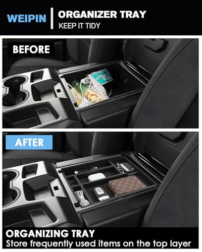 For 2PCS Center Console Tray&Dividers Compatible with 2019-2026 Chevy Silverado 1500& 2020-2026 Silverado 2500HD 3500HD (Split-Bench Folding Seat) Armrest Storage Box Console Organizer ABS Materials - color: (19-26)Split Bench Folding Seat-2Pcs-Black2