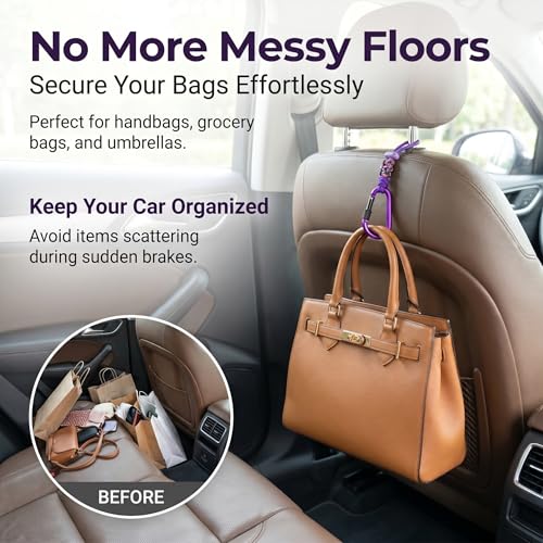 Car Seat Back Hooks 2 Pack - Heavy Duty Rope & Metal Buckle Car Hangers, No Wobble Multi-Purpose Organizer for Grocery Bags, Backpacks, Umbrellas, Trash Bags (Fit Most Vehicles) Purple - color: Purple