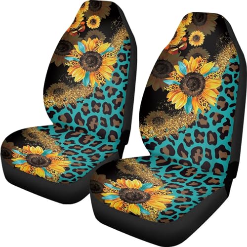 Car Seat Covers Sets for Women Leopard Sunflower Auto Saddle Blankets Seat Cover High Back Bucket Seat Cover Universal Fit for Most Cars SUVs Trucks Vans - color: Leopard Sunflower