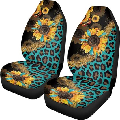 Car Seat Covers Sets for Women Leopard Sunflower Auto Saddle Blankets Seat Cover High Back Bucket Seat Cover Universal Fit for Most Cars SUVs Trucks Vans - color: Leopard Sunflower