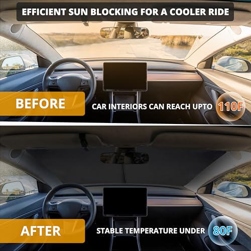 EcoNour Tesla Windshield Sun Shade for Model 3/Y 2017-2026, Foldable Front Window Sunshade Heat & UV Blocker for Tesla Interior Accessories - size: Custom Size - Tesla Model-3 & Model-Y