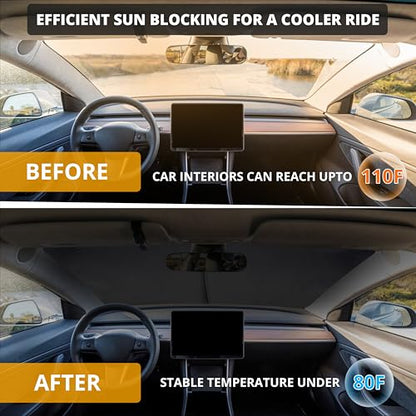 EcoNour Tesla Windshield Sun Shade for Model 3/Y 2017-2026, Foldable Front Window Sunshade Heat & UV Blocker for Tesla Interior Accessories - size: Custom Size - Tesla Model-3 & Model-Y