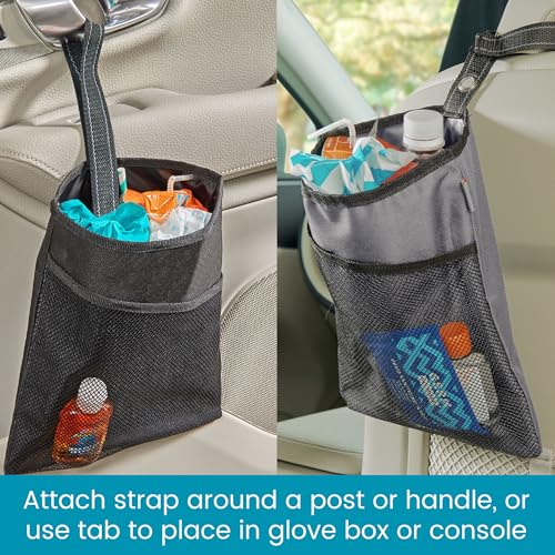 High Road TrimTrash Hanging Car Garbage Bag - Slim and Leakproof Car Trash Bag with Magnetic Closure and Storage Pocket - Attaches to Seat, Glovebox or Console - color: Gray