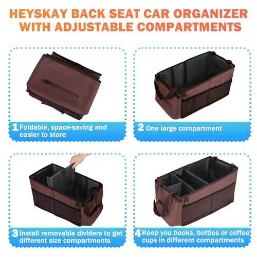 HEYSKAY Car Seat Organizer-Passenger Seat Organizer, Collapsible Small Car Seat Organizer for Console Front/Back, Car Caddy Organizer with 4pc Drink Holders Automotive Backseat Organizer for Kids - color: Brown