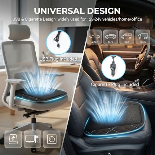 Cooling Car Seat Cover, Black Automotive Air Ventilated Cooling Seat Cover with 3 Adjustable Speeds for Summer Driving, Comfortable Cooling Car Seat Cushion for Car SUV Truck Van, Home & Office Chair