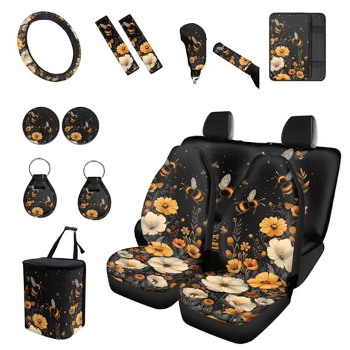 Forchrinse Bee Flower Car Seat Covers 15Pcs Auto Interior Cover Set with Steering Wheel Cover,Armrest Seatbelt Pads,Car Garbage Can,Coaster,Handbrake Gearshift Cover for SUVs Trucks - color: Bee Flower