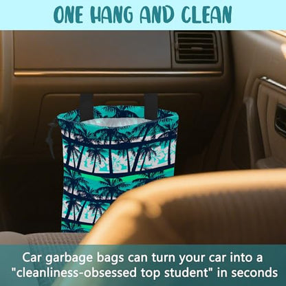 Car Garbage Bag Tropical Green Palm Trees Hanging Canvas Car Trash Bag Waterproof Drawstring Car Back Seat Organizer for Car Back Front Seat Console with Adjustable Buckle - color: Tropical Green Palm Trees
