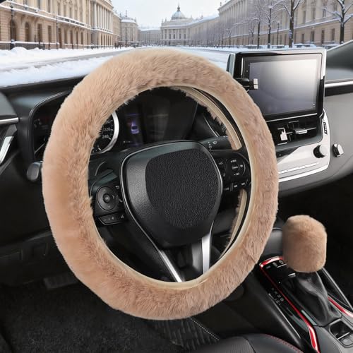 SEG Direct Furry Car Steering Wheel Cover with Gear Shift Cover, Soft and Warm, Cute Fluffy Auto Decor for Women Men, Standard Size, 2 PCS Set, Khaki - color: Khaki