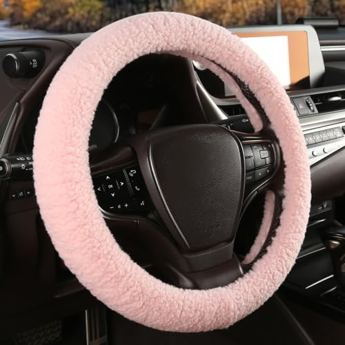 Fuzzy Warm Steering Wheel Cover for Winter, Soft Fleece Steering Wheel Cover for Women Men with Upgraded Silicone Inner Ring and Plush, Anti-Slip, Odorless Car Interior, Universal 14.5-15 Inch (Pink)