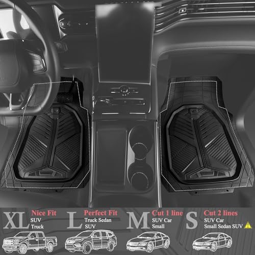 CAR PASS Heavy Duty Rubber Car Mats, Deep-Dish 2-Piece Car Floor Mats Front Only, All Weather Protection Universal Trim-to-Fit for SUVs Trucks Sedans, Waterproof Anti-Slip, Black