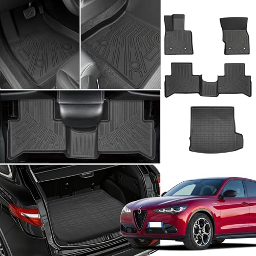 Floor Mats for Alfa Romeo Stelvio & Stelvio Quadrifoglio 2018-2025, Floor Mats for Stelvio Base Ti Veloce, 2 Row Floor Mats & Cargo Mat(with Subwoofer), TPE Anti-Slip Stelvio Mats Accessories - style: 6)2018-2025|Stelvio|Stelvio Quadrifoglio|Floor&Cargo M