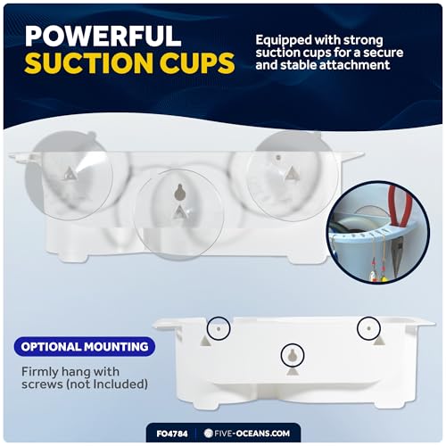 Five Oceans Boat Storage Organizer and Drink Caddy,Suction Cup Drink Holder w/Drainage Holes, Console Organizer w/Knife, Pliers, and 16 Lure Holders, Heavy-Duty ABS Plastic - FO4784