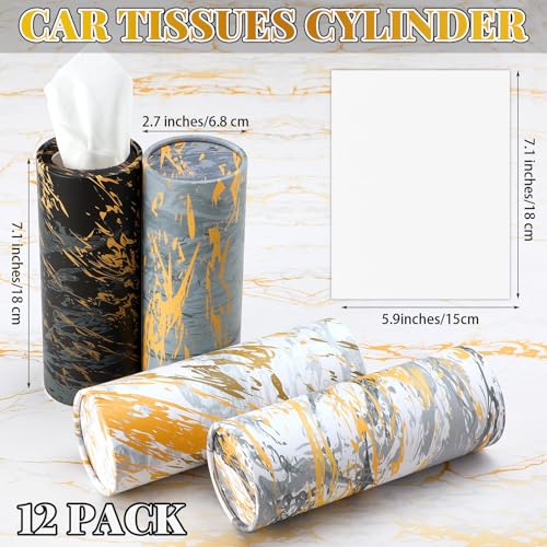 Thenshop 12 Pack Car Tissue Holder 3 Ply Facial Tissue Bulk Marble Modern Tissues Cylinder Travel Round Boxes Fits Car Cup Holders Small Tissues Container for Home Bathroom Everyday Refill
