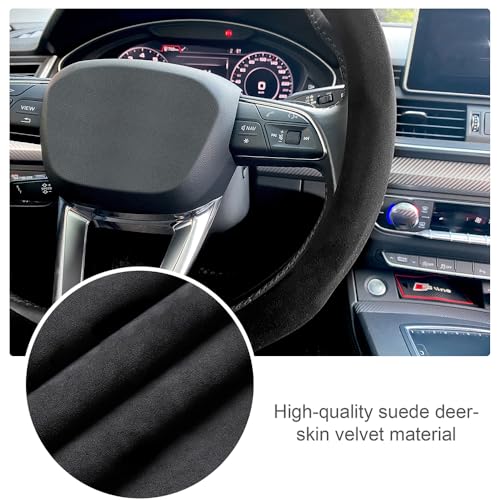 Carodi Suede Steering Wheel Cover ， Non-Slip Leather Car Interior Fitting 15-inch Universal - color: Black (blue lable)