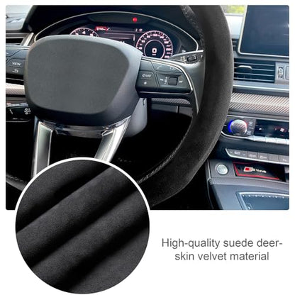 Carodi Suede Steering Wheel Cover ， Non-Slip Leather Car Interior Fitting 15-inch Universal - color: Black (blue lable)