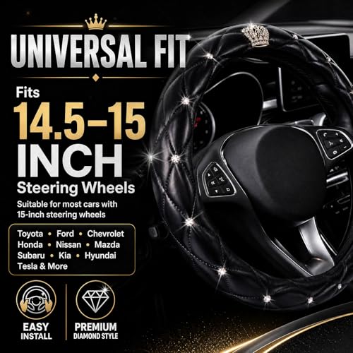 Bling Rhinestone Car Steering Wheel Cover for Women,PU Leather Crystal Diamonds Crown Steering Wheel Covers Non-Slip Universal 15"/38 cm (Crown) - color: Crown