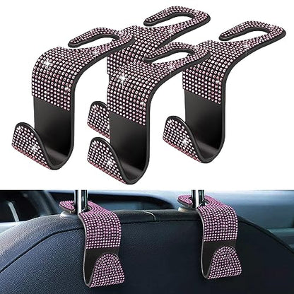 4 Pack Blink Diamond Car Seat Headrest Hooks Crystal Rhinestone Car Purse Holder Universal Interior Accessories for Handbags, Water Bottles, Coats, Umbrellas, Pink - color: Pink