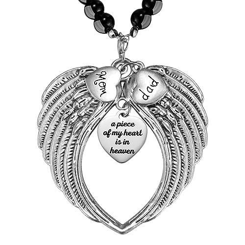 Silver Angel Wings A Piece of My Heart is in Heaven Rear View Mirror Car Charm, Mom Dad Angel Ornament, Sympathy Condolence Gift