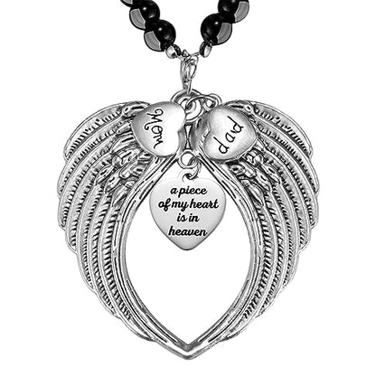 Silver Angel Wings A Piece of My Heart is in Heaven Rear View Mirror Car Charm, Mom Dad Angel Ornament, Sympathy Condolence Gift
