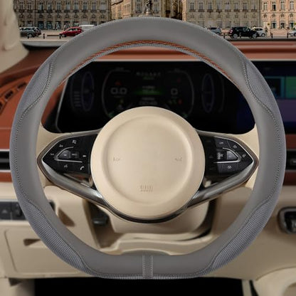 Nappa Leather Gray D Shape Steering Wheel Cover, Advanced Microfiber Leather Non-Slip Breathable Fabric, Warm in Winter and Cool in Summer, Universal 15 inch - color: Gray, size: D Shape-M[14.5''-15'']