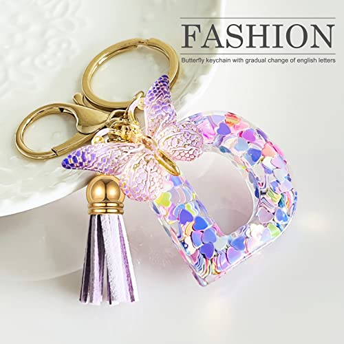 JINGUAZI Initial letter Keychains for Women Tassel Butterfly Pink Purple Cute Car Keychain for Wallet Backpack bag charm - color: D-purple