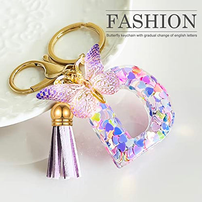 JINGUAZI Initial letter Keychains for Women Tassel Butterfly Pink Purple Cute Car Keychain for Wallet Backpack bag charm - color: D-purple