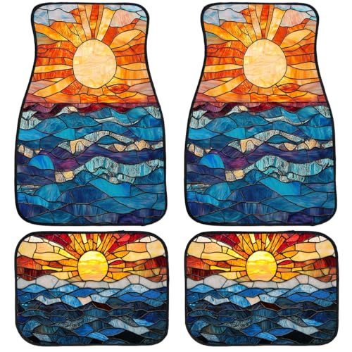 Stained Glass Car Floor Mats Set of 4 Abstract Sunset Ocean Mosaic Art Automotive Car Floor Carpets Non-Slip Auto Car Accessories Universal Fit for Car SUV Truck Van - color: Stained Glass