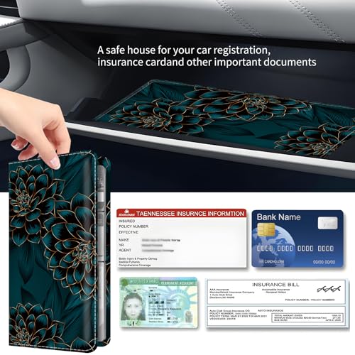 Premium Car Registration and Insurance Card Holder, Cute PU Leather Car Document Holder, Vehicle Glove Box Car Organizer with Magnetic Closure for Driver License, Cards Exquisite Flowers - color: Exquisite Flowers
