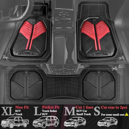 CAR PASS Heavy Duty Rubber Car Mats, Deep-Dish Car Floor Mats All Weather, Universal Two-Tone Trim-to-Fit for SUVs Trucks Sedans, Waterproof Anti-Slip, 3 Pieces V12 Black and Metallic Red - color: Red and Black