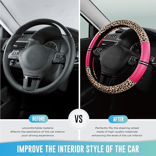 Road Comforts Leopard Steering Wheel Cover for Women, Cute Anti-Slip Microfiber Leather, Universal Fit 14.5-15 Inch Round Steering Wheel - HotPink - color: Round HotPink