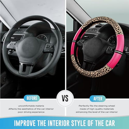 Road Comforts Leopard Steering Wheel Cover for Women, Cute Anti-Slip Microfiber Leather, Universal Fit 14.5-15 Inch Round Steering Wheel - HotPink - color: Round HotPink