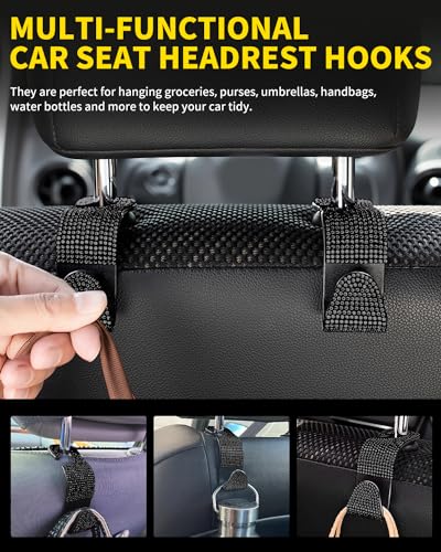 4 Pack Blink Diamond Car Seat Headrest Hooks Crystal Rhinestone Car Purse Holder Universal Interior Accessories for Handbags, Water Bottles, Coats, Umbrellas, Black - color: Black