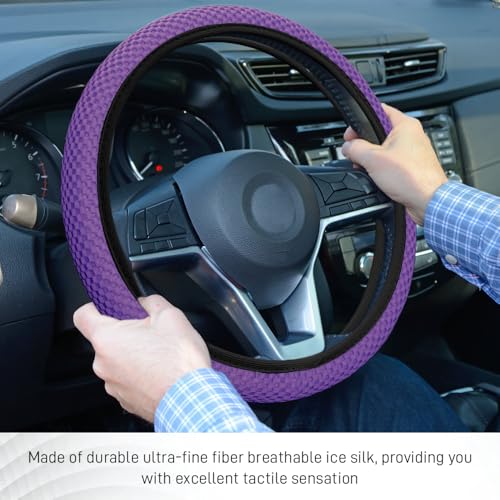 Elastic Stretch Steering Wheel Cover, Steering Wheel Protector, 15 Inch Anti-Slip Breathable Microfiber Ice Silk Protection, Easy Carry, Warm in Winter & Cool in Summer for Cars (Purple) - color: Purple