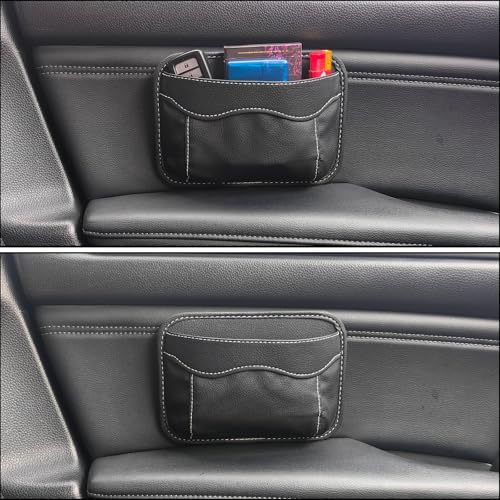 Reusable Adhesive Small Car Seat Side Pocket Organizer, No Residue Removable PU Leather Car Storage bag, Universal Vehicle Door & Console Pouch for Phone Keys Wallet etc, Black