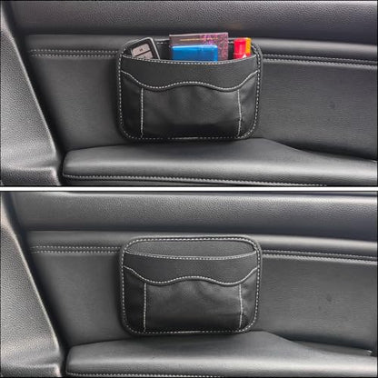 Reusable Adhesive Small Car Seat Side Pocket Organizer, No Residue Removable PU Leather Car Storage bag, Universal Vehicle Door & Console Pouch for Phone Keys Wallet etc, Black