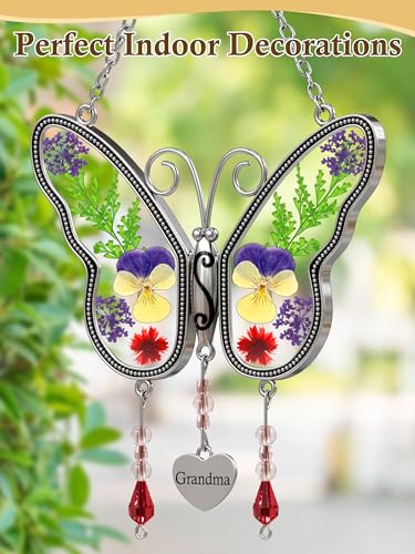 Butterfly Suncatcher Grandma Stained Glass Sun Catcher for Windows Hangings Ornament with Pressed Real Flower Wings in Glass and Metal Heart Charm Birthday Gift for Women Mothers Day Christmas - style: Grandma