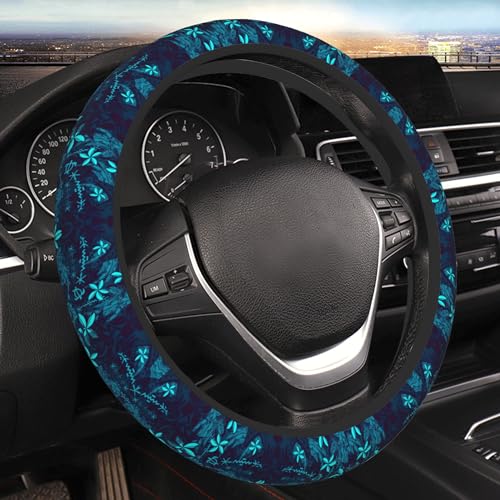 Polynesian Teal Tribal Leaf Floral Car Steering Wheel Cover for Women Men Stretch Cloth Anti-Slip Wrap Protector Case Fit Universal Auto Accessories Decor Sweat Absorption 14-15 Inch - color: Polynesian Teal Tribal Leaf And Floral Printed