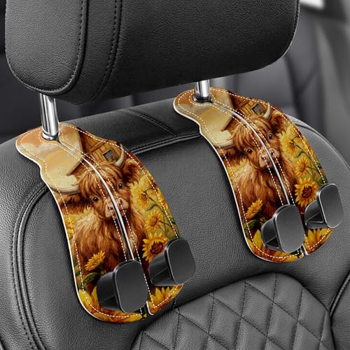 Purse Holder for Car, 2 Pack Heavy Duty Purse Hanger for Car, PU Leather Car Seat Hooks for Purses and Bags, Cute Cow Headrest Organizer for Handbags & Backpacks - color: Car hook - Sunflower Bull A
