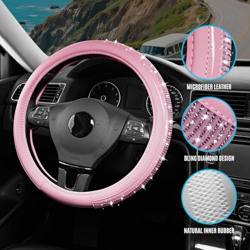 Road Comforts Bling Steering Wheel Cover – Pink Diamond Design, Universal Fit 14.5-15 Inch, Microfiber Leather, Anti-Slip & Breathable Design for Men and Women - color: Pink & Pink