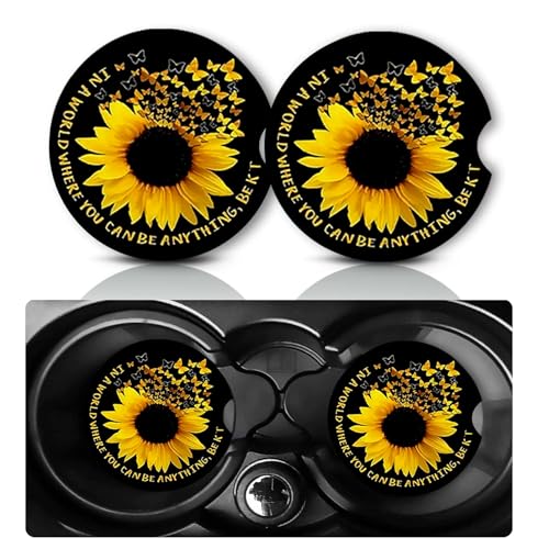 2Pack Sunflower Car Cup Holder Coasters,Cars Coasters for Cup Holders,2.75" Universal Anti Slip Rubber Mat with Finger Slot,Sunflower Butterfly Car Accessories Decor,Sunflowers Gifts for Women - color: Butterfly Sunflower
