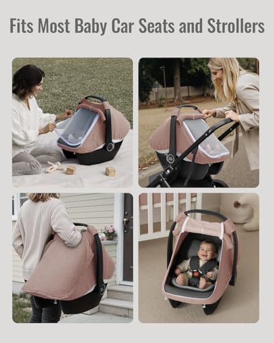 Blissful Diary Baby Car Seat Cover, Extra Large Mesh Window, Breathable Muslin Cotton, Infant Windproof Canopy-Dusty Pink - color: Dusty Pink