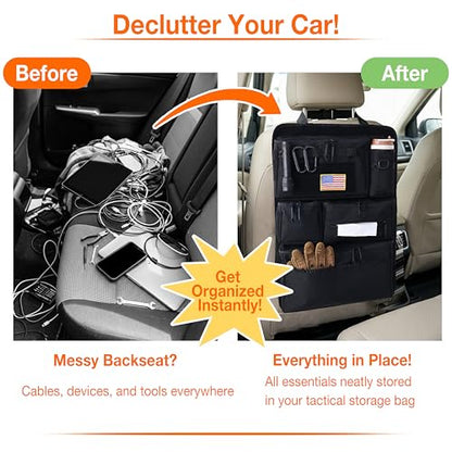 Tactical Car Seat Back Organizer, 600D Nylon MOLLE Seat Organizer with 6 Pockets, Hook and Loop Panel, Universal Fit for Car SUV Truck Jeep, Black