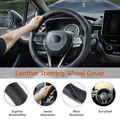Car Steering Wheel Cover Black, 14-14.5 inch Steering Wheel Covers with Coasters Microfiber Leather Carbon Fiber Breathable Anti-Slip Durable Universal Auto Steering Wheel Protective - color: black02, size: Small
