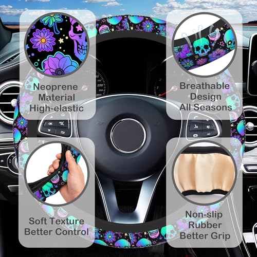 Neon Skull and Flower Steering Wheel Cover with 2 Pcs Car Coasters Neoprene Steering Wheel Cover for Women Men Anti-Slip Breathable Car Accessories Universal 15 Inch Fit Auto Cars Trucks - color: Neon Skull and Flower