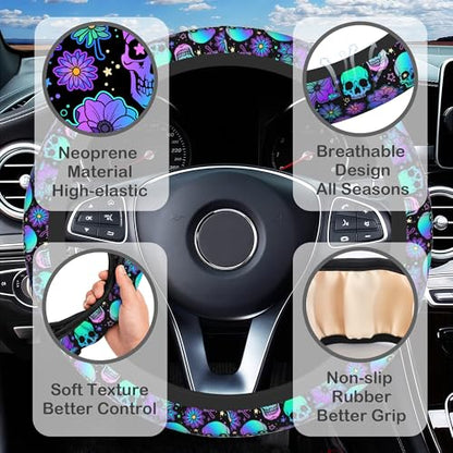 Neon Skull and Flower Steering Wheel Cover with 2 Pcs Car Coasters Neoprene Steering Wheel Cover for Women Men Anti-Slip Breathable Car Accessories Universal 15 Inch Fit Auto Cars Trucks - color: Neon Skull and Flower
