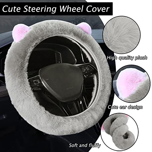 9 Pack Cute Bear Fluffy Steering Wheel Cover with Furry Gear Cover,Handbrake Cover,Seat Belt Pad,Armrest Pad,Bling Car Coaster and Fur Key Chain for Women Girls (Gray) - color: Gray