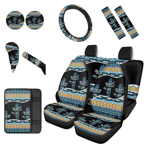 Dreaweet Car Seat Covers Full Set with Steering Wheel Cover Armrest Pad Covers Seat Belt Pads Cup Holders Handbrake Cover Set of 12 Aztec Cactus Car Accessories Interior Universal for SUV Trucks Sedan - color: Aztec Cactus