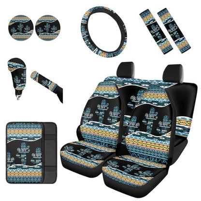 Dreaweet Car Seat Covers Full Set with Steering Wheel Cover Armrest Pad Covers Seat Belt Pads Cup Holders Handbrake Cover Set of 12 Aztec Cactus Car Accessories Interior Universal for SUV Trucks Sedan - color: Aztec Cactus